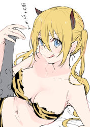 Rule 34 | 1girl, :q, animal print, arm up, armpit crease, armpit peek, bare shoulders, bikini, blend s, blonde hair, blue eyes, breasts, cleavage, closed mouth, club, club (weapon), collarbone, dutch angle, eyes visible through hair, from side, hair between eyes, hinata kaho, holding, holding weapon, horns, kanabou, large breasts, long hair, looking at viewer, nakayama miyuki, navel, o-ring, o-ring bikini, o-ring top, official art, oni, oni horns, pointy ears, simple background, sketch, smile, solo, stomach, strapless, strapless bikini, swimsuit, tiger print, tongue, tongue out, translation request, twintails, upper body, v-shaped eyebrows, weapon, white background