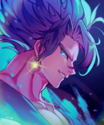 Rule 34 | 1boy, blue background, blue eyes, blue hair, commentary request, dragon ball, dragon ball super, earrings, from side, glint, grin, jewelry, looking at viewer, looking to the side, male focus, pectoral cleavage, pectorals, potara earrings, profile, smile, solo, spiked hair, super saiyan, super saiyan blue, twitter username, vegetto, zero-go