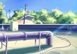 Rule 34 | air conditioner, blue sky, clear sky, commentary request, cross, day, gachimuchi, industrial pipe, no humans, outdoors, rooftop, scenery, sky, tree, tyb (inmu), utility pole