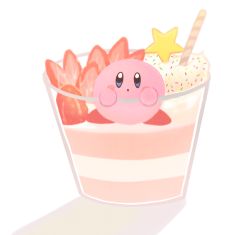 Rule 34 | 1other, :o, blue eyes, blush stickers, cinnamon roll, commentary, cup, food, food focus, fruit, full body, highres, ice cream, in container, in cup, kirby, kirby (series), mizu puru, nintendo, no humans, shadow, simple background, solo, sprinkles, star-shaped food, star (symbol), strawberry, sundae, wafer stick, white background