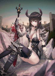 Rule 34 | 1girl, absurdres, arm support, armor, ass, bare shoulders, black hair, black thighhighs, blka, blurry, breasts, cleavage, closed mouth, collarbone, commentary, demon girl, depth of field, earrings, evening, expressionless, gauntlets, hand up, highres, holding, holding sword, holding weapon, horns, jewelry, knees up, large breasts, long hair, looking at viewer, navel, no panties, original, outdoors, planted, planted sword, planted weapon, pointy ears, red eyes, revealing clothes, ruins, shoulder armor, sidelocks, sitting, sky, solo, star (sky), starry sky, stomach, sword, thighhighs, thighs, weapon