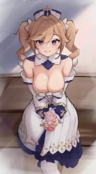 Rule 34 | 1girl, absurdres, barbara (genshin impact), bare shoulders, blonde hair, blue eyes, bow, bowtie, breasts, cleavage, dress, drink, drinking straw, genshin impact, hat, highres, kanotype, large breasts, long sleeves, sitting, smile, solo, twintails, white dress, white legwear
