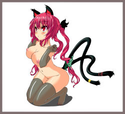 Rule 34 | 1girl, absurdres, animal ears, blush, bow, breasts, cat ears, cat girl, cat tail, collarbone, female focus, hair bow, highres, husun wei, kaenbyou rin, kneeling, long hair, multiple tails, navel, nipples, nude, red eyes, red hair, solo, tail, thighhighs, touhou, twintails, white background