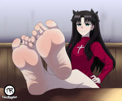 Rule 34 | barefoot, blush, fate (series), foot tease, happy, highres, leaning forward, sitting, smile, spread legs, tohsaka rin