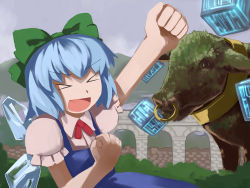 Rule 34 | &gt; &lt;, 1girl, cave (developer), cirno, cow, crossover, deathsmiles, closed eyes, hirosato, mary (deathsmiles), ribbon, solo, touhou, touhou hisoutensoku, what