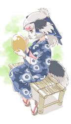 Rule 34 | 1girl, bench, bird girl, bird tail, bird wings, black hair, commentary request, floral print, geta, golden egg, grey hair, head chain, head wings, headdress, highres, japanese clothes, jewelry, kemono friends, kimono, mitsumoto jouji, multicolored hair, ostrich (kemono friends), red hair, short hair, sitting, solo, tail, wings