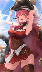 Rule 34 | 1girl, :d, absurdres, adjusting clothes, adjusting headwear, armpits, arms up, ascot, bad id, bad pixiv id, belt, black coat, black hat, black thighhighs, blue sky, breasts, brooch, cannon, cleavage, cloud, coat, cropped jacket, cup, eyepatch, floral print, gloves, hair ribbon, half gloves, hat, heterochromia, highres, hololive, houshou marine, huge filesize, jewelry, light blush, looking at viewer, medium breasts, moubokobokodayo, open mouth, outdoors, pirate hat, pleated skirt, red ascot, red eyes, red hair, red ribbon, ribbon, rope, see-through, see-through cleavage, sidelocks, skindentation, skirt, skull cup, sky, sleeveless, sleeveless jacket, smile, solo, sunlight, teeth, thighhighs, thighs, twintails, two-tone skirt, upper teeth only, virtual youtuber, white gloves, yellow eyes