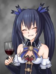 Rule 34 | 10s, 1girl, alcohol, bare shoulders, black hair, blush, breasts, bridal gauntlets, cup, detached collar, detached sleeves, drinking glass, closed eyes, fingerless gloves, gloves, hair ornament, long hair, meme, monorus, neptune (series), noire (neptunia), ribbon, small breasts, smile, solo, twintails, upper body, very long hair, wine, wine glass