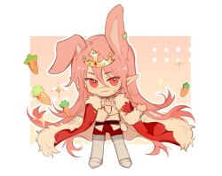 Rule 34 | 1boy, :3, animal ears, cape, carrot, closed mouth, crown, full body, highres, limefruityummy, long hair, long sleeves, looking at viewer, minecraft youtube, pink eyes, pink hair, pointy ears, puffy long sleeves, puffy sleeves, rabbit ears, red cape, red shorts, scar, scar on face, shirt, shorts, smile, solo, sparkle, technoblade, very long hair, white shirt