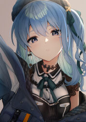 Rule 34 | 1girl, absurdres, aqua hair, beret, black choker, black hat, blue eyes, blue hair, blush, choker, closed mouth, colored inner hair, green ribbon, hair between eyes, hair ribbon, hat, highres, hololive, hoshimachi suisei, hoshimachi suisei (streetwear), jacket, lace, lace choker, long hair, looking at viewer, multicolored hair, official alternate costume, one side up, ribbon, smile, solo, star (symbol), star in eye, symbol in eye, terra bose, virtual youtuber