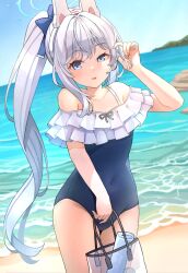 Rule 34 | 1girl, absurdres, animal ears, bare legs, bare shoulders, beach, black one-piece swimsuit, blue archive, blue eyes, blue halo, blush, collarbone, covered navel, cowboy shot, day, fake animal ears, frilled one-piece swimsuit, frills, grey hair, half-closed eye, halo, highres, long hair, looking at viewer, miyako (blue archive), miyako (swimsuit) (blue archive), nomio, ocean, one-piece swimsuit, open mouth, outdoors, ponytail, rabbit ears, smile, solo, swimsuit