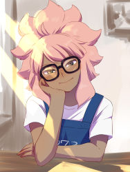 Rule 34 | 1boy, :&gt;, blush, brown eyes, dark-skinned male, dark skin, goggles, goggles on head, head rest, highres, inazuma eleven, inazuma eleven (series), indoors, long hair, looking at viewer, male focus, overalls, pink hair, shiroabe, sitting, smile, solo, tsunami jousuke