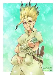 Rule 34 | 10s, 1boy, 2017, blue background, brown eyes, cowboy shot, dared, dated, dr. stone, gradient hair, highres, ishigami senkuu, long hair, male focus, multicolored hair, popped collar, short sleeves, simple background, solo, spiked hair, watermark