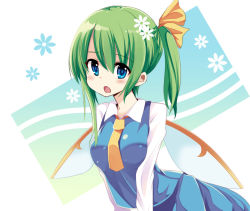 Rule 34 | 1girl, :o, blue eyes, blush, daiyousei, fairy, fairy wings, green hair, hair ribbon, long hair, long sleeves, looking at viewer, maturiuta sorato, necktie, open mouth, ribbon, side ponytail, solo, touhou, upper body, wings