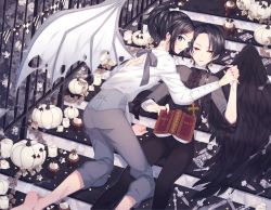Rule 34 | 10s, 2boys, bat wings, bible (object), black hair, blue eyes, book, bunting, candle, chocolate, cookie, cross, earrings, feathered wings, food, halloween, jewelry, kashuu kiyomitsu, looking back, lying, male focus, miri (cherryjelly), mole, mole under mouth, multiple boys, nail polish, on back, pennant, pill, ponytail, pumpkin, railing, red eyes, red nails, single wing, stairs, string of flags, syringe, touken ranbu, wings, yamato-no-kami yasusada