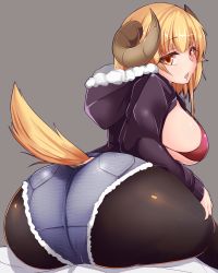 Rule 34 | 1girl, ass, blonde hair, bra, breasts, denim, denim shorts, from behind, hood, horns, huge ass, jacket, large breasts, looking at viewer, looking back, nana (mogs1225), open mouth, orange eyes, original, pantyhose, shiny clothes, shiny skin, short hair, short shorts, shorts, sideboob, sitting, solo, tail, underwear