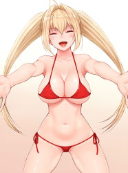 Rule 34 | 1girl, ahoge, bare shoulders, bikini, blonde hair, blush, breasts, cleavage, closed eyes, cocq taichou, collarbone, fate/grand order, fate (series), gradient background, hair between eyes, hair intakes, large breasts, long hair, navel, nero claudius (fate), nero claudius (fate) (all), nero claudius (swimsuit caster) (fate), open mouth, outstretched arms, red bikini, smile, solo, swimsuit, thighs, twintails