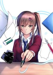 Rule 34 | 1girl, bad id, bad pixiv id, blazer, blue necktie, blush, brown eyes, brown hair, closed mouth, collared shirt, eraser, eyebrows hidden by hair, hair between eyes, highres, holding, holding stylus, inkwell, jacket, long hair, long sleeves, looking at viewer, mishiro (ixtlolton), necktie, nib pen (medium), notebook, original, outstretched arm, red jacket, shirt, side ponytail, sidelocks, simple background, smile, solo, stylus, traditional media, v-shaped eyebrows, white background, white shirt