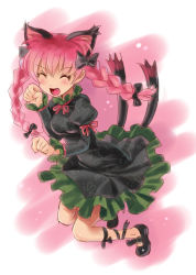 Rule 34 | 1girl, :d, animal ears, blush, bow, braid, cat ears, cat girl, cat tail, dress, extra ears, fang, female focus, full body, hair bow, kaenbyou rin, katahira masashi, leg ribbon, long hair, mary janes, multiple tails, no socks, open mouth, paw pose, pointy ears, red hair, ribbon, shoes, sketch, smile, solo, tail, touhou, twin braids