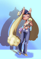 Rule 34 | 1girl, animal nose, ass, bag, bare shoulders, barefoot, belt, blue background, blue hat, blue pants, blush, body fur, brown fur, cabbie hat, clothed pokemon, clothing cutout, creatures (company), crop top, denim, drop shadow, female focus, frilled shirt, frills, from behind, full body, fumirumochigashin, furry, furry female, game freak, gen 4 pokemon, hand to own mouth, hand up, hat, highres, holding, holding bag, jeans, light blush, looking at viewer, looking back, lopunny, midriff, nintendo, off-shoulder shirt, off shoulder, open mouth, outline, pants, pink eyes, pocket, pokemon, pokemon (creature), pom pom (clothes), rabbit ears, rabbit girl, rabbit tail, shirt, simple background, solo, standing, tail, tail through clothes, teeth, two-tone fur, white outline, white shirt, yellow fur, zipper pull tab