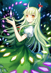 Rule 34 | 1girl, bare arms, bow, closed mouth, danmaku, dress, ex-keine, green dress, green hair, highres, horn bow, horn ornament, horns, kamishirasawa keine, long hair, looking at viewer, mirror (xilu4), night, night sky, outdoors, puffy short sleeves, puffy sleeves, revision, short sleeves, single horn, sky, solo, touhou, wavy hair, yellow eyes