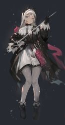 Rule 34 | 1girl, absurdres, arknights, black background, black footwear, black gloves, black jacket, black shirt, capelet, chinese commentary, chong (547342983), commentary request, full body, gloves, grey eyes, grey pantyhose, head wings, highres, holding, holding sword, holding weapon, irene (arknights), jacket, long hair, long sleeves, looking at viewer, miniskirt, open clothes, open jacket, pantyhose, parted lips, rapier, scar, scar across eye, shirt, shoes, simple background, skirt, solo, sword, weapon, white capelet, white hair, white skirt, wings