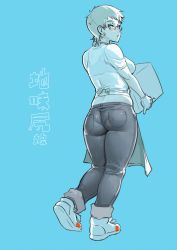 Rule 34 | 1girl, ass, bad id, bad pixiv id, blonde hair, blue background, blue theme, box, breasts, carrying, denim, from behind, green eyes, jeans, looking at viewer, looking back, mikoyan, pants, short hair, solo