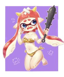 Rule 34 | 1girl, ;(, animal print, bad id, bad twitter id, bandaid, bandeau, bare arms, bare legs, bare shoulders, barefoot, bikini, blue eyes, breasts, club, club (weapon), crying, full body, holding, holding weapon, horns, inkling, inkling girl, inkling player character, kanabou, leopard print, nintendo, oni, pointy ears, red hair, rupe png, setsubun, sharp teeth, simple background, small breasts, solo, spiked club, splatoon (series), splatoon 1, squid, strapless, strapless bikini, striped bikini, striped clothes, swimsuit, tears, teeth, tentacle hair, tiger print, weapon