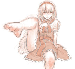 Rule 34 | 1girl, alice margatroid, bare legs, barefoot, blush, capelet, dress, embarrassed, foot focus, hairband, hand on own chest, highres, kuro suto sukii, looking away, outstretched foot, outstretched leg, presenting foot, sash, simple background, sitting, sketch, soles, solo, toe-point, toes, touhou, white background