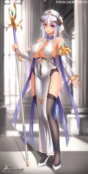 Rule 34 | 1girl, black garter belt, black thighhighs, blurry, blurry background, breast curtains, breasts, cleavage, detached sleeves, dress, facial mark, garter belt, hair between eyes, headdress, heterochromia, high heels, highres, holding, holding staff, horns, large breasts, long hair, looking at viewer, midnight (banyex), mole, mole on breast, mole under mouth, no bra, parted lips, pelvic curtain, pixiv fantasia, pixiv fantasia scepter of zeraldia, purple eyes, solo, staff, standing, thighhighs, white dress, white hair, yellow eyes