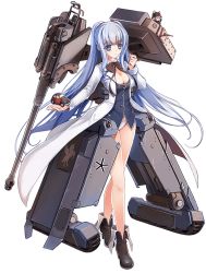 Rule 34 | 1girl, blue eyes, blue hair, breasts, cannon, cleavage, elefant (panzer waltz), full body, long hair, long sleeves, looking at viewer, matching hair/eyes, mecha musume, panties, panzer waltz, personification, smile, solo, tama (tamatamo), thighs, transparent background, twintails, underwear, white panties