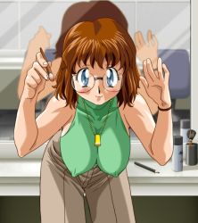 Rule 34 | 1990s (style), 1girl, :3, bare shoulders, bent over, blue eyes, blush, breasts, brown hair, character request, covered erect nipples, game cg, glasses, huge breasts, jewelry, kimura takahiro, large breasts, looking at viewer, makeup, mirror, necklace, no bra, on air (game), pants, pencil, powder brush, reflection, retro artstyle, round eyewear, short hair, skin tight, solo, source request, spray can, wristband