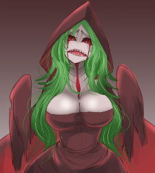 Rule 34 | 1girl, blood, blood on face, bloodstained: ritual of the night, bloodstained (series), cyhyraeth (bloodstained), green hair, harimao (hanzou uji), highres, looking at viewer, monster, red eyes, sharp teeth, solo, teeth