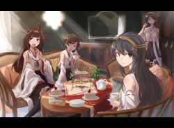 Rule 34 | 10s, 4girls, ahoge, bare shoulders, black hair, black legwear, blue eyes, brown eyes, brown hair, cake, checkerboard cookie, cookie, couch, cup, dessert, detached sleeves, food, glasses, grey eyes, hair between eyes, haruna (kancolle), headgear, hiei (kancolle), highres, indoors, kantai collection, kirishima (kancolle), kongou (kancolle), letterboxed, light smile, long hair, looking at another, looking at viewer, looking back, looking to the side, multiple girls, nontraditional miko, open mouth, plant, plate, potted plant, short hair, sitting, skirt, standing, stir stick, swept bangs, sy-l-via, teacup, teapot, thighhighs, tiered serving stand, tiered tray