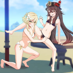 Rule 34 | 2girls, arm support, aruman, bad id, bad pixiv id, beach, bikini, bikini bottom aside, black nails, blonde hair, blue sky, blush, breasts, brown bikini, brown hair, censored, chinese commentary, clothing aside, cloud, cloudy sky, collarbone, commentary, female pubic hair, flower, flower-shaped pupils, genshin impact, hair between eyes, hair flower, hair ornament, hand on another&#039;s thigh, hand up, hat, hat flower, hat ornament, horizon, hu tao (genshin impact), jewelry, leaning back, licking lips, lily, lily (flower), long hair, looking at another, looking down, lumine (genshin impact), mosaic censoring, mountain, multiple girls, nail polish, navel, ocean, on one knee, open mouth, outdoors, parasol, plum blossoms, porkpie hat, pubic hair, pussy, red eyes, ring, short hair with long locks, side-tie bikini bottom, sidelocks, sky, small breasts, smile, swimsuit, symbol-shaped pupils, table, teeth, tongue, tongue out, twintails, umbrella, upper teeth only, wavy mouth, white bikini, yellow eyes, yuri
