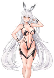 Rule 34 | 1girl, alternate costume, animal ears, blanc (nikke), breasts, collarbone, commentary, fake animal ears, goddess of victory: nikke, grey hair, hand on own hip, highres, large breasts, long hair, looking at viewer, navel, simple background, smile, solo, standing, thighs, very long hair, wei xiao, white background, yellow eyes