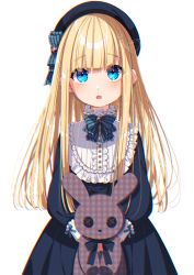 Rule 34 | 1girl, :o, beret, black dress, black hat, blonde hair, blue bow, blue eyes, bow, dress, fang, hair bow, hat, highres, holding, holding stuffed toy, long hair, long sleeves, looking at viewer, mamyouda, original, parted lips, plaid, puffy long sleeves, puffy sleeves, simple background, solo, striped, striped bow, stuffed animal, stuffed rabbit, stuffed toy, unmoving pattern, very long hair, white background