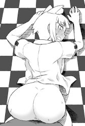 Rule 34 | 10s, 1girl, animal ears, anus, ass, bad id, bad pixiv id, blush, bottomless, breast press, breasts, cat ears, checkered floor, clenched teeth, doggystyle, floor, full-face blush, greyscale, kuraishi tanpopo, large breasts, monochrome, open clothes, pov, sex, sex from behind, sideboob, solo focus, sweat, tears, teeth, top-down bottom-up, tsukudani (coke-buta), uncensored, vaginal, witch craft works