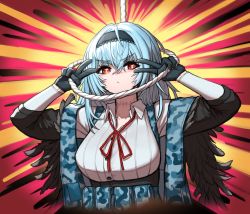 Rule 34 | &gt;:), 1girl, black gloves, camouflage, cheogtanbyeong, collar, collarbone, collared shirt, feathers, girls&#039; frontline, gloves, glowing, hair between eyes, hairband, highres, holding, holding rope, load bearing vest, long hair, long sleeves, neck ribbon, noose, off shoulder, red eyes, red ribbon, ribbon, rope, scar, scar on neck, shirt, silver hair, solo, sparkle, thunder (girls&#039; frontline), v, v over eye
