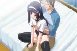 Rule 34 | 1boy, 1girl, animated, animated gif, black thighhighs, grabbing another&#039;s breast, buruma, buruma aside, clothed sex, clothes lift, clothing aside, feet, girl on top, glasses, grabbing, gym uniform, hairband, hetero, inagaki sae, long hair, no shoes, reverse cowgirl position, sex, sex from behind, shirt lift, shoujo kyouiku, straddling, thighhighs, vaginal