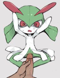 Rule 34 | 1boy, 1girl, @ @, armpits, arms up, colored skin, creatures (company), erection, full body, game freak, gen 3 pokemon, green hair, green skin, grey background, hair between eyes, hetero, imminent penetration, just the tip, kirlia, lying, multicolored skin, nervous, nintendo, on back, open mouth, penis, pokemon, pokemon (creature), pov, pussy, red eyes, shiny skin, simple background, solo focus, spread legs, sweat, two-tone skin, veins, veiny penis, white skin, youjo modoki
