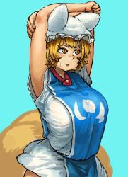 Rule 34 | 1girl, adapted costume, animal hat, aqua background, arm over head, arms up, bad id, bad tumblr id, blonde hair, blush, breasts, chanta (ayatakaoisii), extra ears, fox tail, hat, highres, large breasts, looking afar, miniskirt, mob cap, multiple tails, open mouth, shirt, short hair, short sleeves, simple background, skirt, solo, stretching, sweatdrop, tabard, tail, teal background, touhou, white hat, white shirt, white skirt, yakumo ran