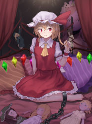 Rule 34 | 1girl, ascot, barefoot, blonde hair, chain, commentary request, crystal, cuffs, curtains, doll, flandre scarlet, hair between eyes, hand up, hat, hat ribbon, highres, indoors, long hair, looking at viewer, mob cap, petticoat, pillow, puffy short sleeves, puffy sleeves, red eyes, red ribbon, red skirt, red vest, ribbon, roke (taikodon), shackles, shirt, short sleeves, sitting, skirt, solo, touhou, vest, white hat, white shirt, wings, wrist cuffs, yellow ascot