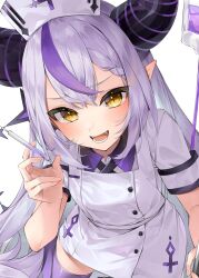 Rule 34 | 1girl, absurdres, ahoge, black horns, braid, braided bangs, grey hair, hat, highres, holding, holding syringe, hololive, horns, izumi kei, la+ darknesss, long hair, looking at viewer, multicolored hair, nurse, nurse cap, open mouth, pointy ears, purple hair, purple thighhighs, smile, solo, streaked hair, striped horns, syringe, thighhighs, virtual youtuber, yellow eyes
