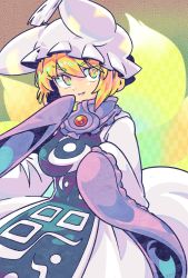 Rule 34 | 1girl, animal ears, animal hat, blonde hair, breasts, cowboy shot, dress, fox ears, fox tail, grin, hand up, hat, highres, large breasts, looking at viewer, mob cap, multiple tails, mob cap, pmx, short hair, simple background, smile, solo, tabard, tail, touhou, traditional media, v-shaped eyebrows, white dress, wide sleeves, yakumo ran, yellow eyes