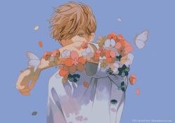Rule 34 | 1boy, bishounen, blue background, blue flower, bug, butterfly, cognacbear, covering face, falling petals, flower, green eyes, hair over eyes, highres, insect, light brown hair, male focus, messy hair, original, petals, red flower, shaded face, shirt, short hair, short sleeves, simple background, solo, twitter username, upper body, white shirt