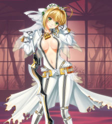 Rule 34 | 10s, 1girl, aestus estus, ahoge, belt, belt skirt, blonde hair, bodysuit, breasts, breasts apart, buckle, center opening, chain, cleavage, contrapposto, fate/extra, fate/extra ccc, fate (series), female focus, flower, gloves, green eyes, hair flower, hair intakes, hair ornament, hand on hilt, head tilt, hip focus, hobenkei, jewelry, large breasts, light smile, lock, looking at viewer, navel, necklace, nero claudius (bride) (fate), nero claudius (fate), nero claudius (fate) (all), no bra, padlock, planted, planted sword, planted weapon, see-through, short hair, showgirl skirt, skirt, solo, standing, sword, torn clothes, tree, unzipped, veil, weapon, window