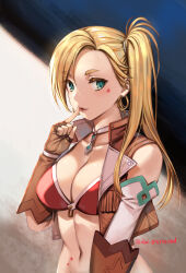 Rule 34 | 1girl, armlet, bare shoulders, bikini, bikini top only, blonde hair, breasts, brown gloves, brown vest, calamity jane (fate), cleavage, cropped vest, earrings, facial tattoo, fate/grand order, fate (series), fingerless gloves, forehead, gloves, green eyes, highres, hoop earrings, jewelry, large breasts, long hair, looking at viewer, moriyama daisuke, navel, neck ring, open clothes, open vest, parted bangs, parted lips, red bikini, side ponytail, solo, star tattoo, stomach tattoo, swimsuit, tattoo, vest