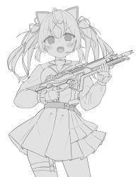 Rule 34 | 1girl, :d, absurdres, animal ears, bad id, bad twitter id, blush, commentary, fake animal ears, fingerless gloves, gloves, greyscale, gun, hair between eyes, hair ornament, hair ribbon, hairclip, headset, highres, holding, holding gun, holding weapon, hoshikawa sara, long hair, long sleeves, looking at viewer, monochrome, nijisanji, okota mikan, open mouth, pleated skirt, puffy long sleeves, puffy sleeves, ribbon, shirt, simple background, skirt, sleeves past wrists, smile, solo, symbol-only commentary, twintails, v-shaped eyebrows, virtual youtuber, weapon, weapon request, white background, x hair ornament