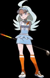 Rule 34 | 1girl, ahoge, aqua hair, arms behind back, belt, blue hat, blue skirt, breasts, buttons, closed mouth, collared shirt, creatures (company), elite four, feathers, frown, full body, game freak, golf club, hat, highres, holding, kahili (pokemon), kneehighs, long hair, looking away, looking to the side, medium breasts, miniskirt, mole, mole under eye, nintendo, official art, orange socks, pencil skirt, pokemon, pokemon sm, purple eyes, shirt, shoes, skirt, socks, solo, standing, striped clothes, striped shirt, sugimori ken, transparent background, visor cap, white footwear